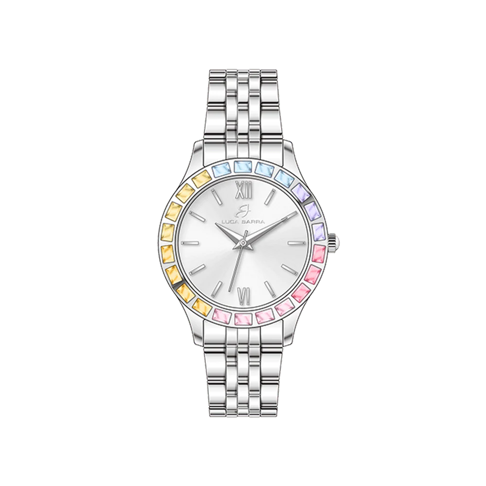 OROLOGIO DONNA IN ACCIAIO GHIERA CRISTALLI MULTICOLOR