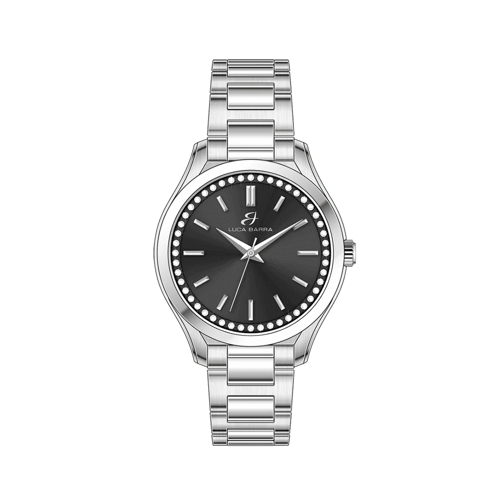 OROLOGIO DONNA IN ACCIAIO GHIERA NERA E CRISTALLI BIANCHI