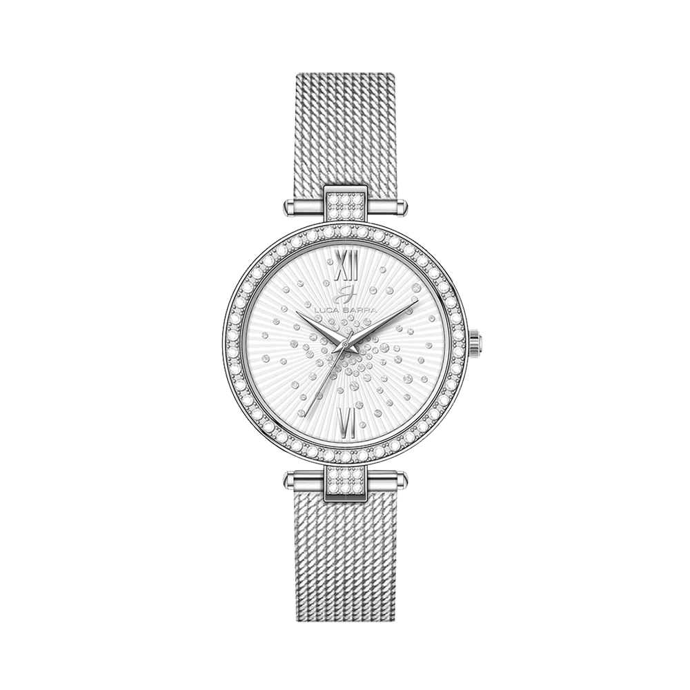 OROLOGIO DONNA IN ACCIAIO CON QUADRANTE BIANCO GHIERA CON CRISTALLI BIANCHI