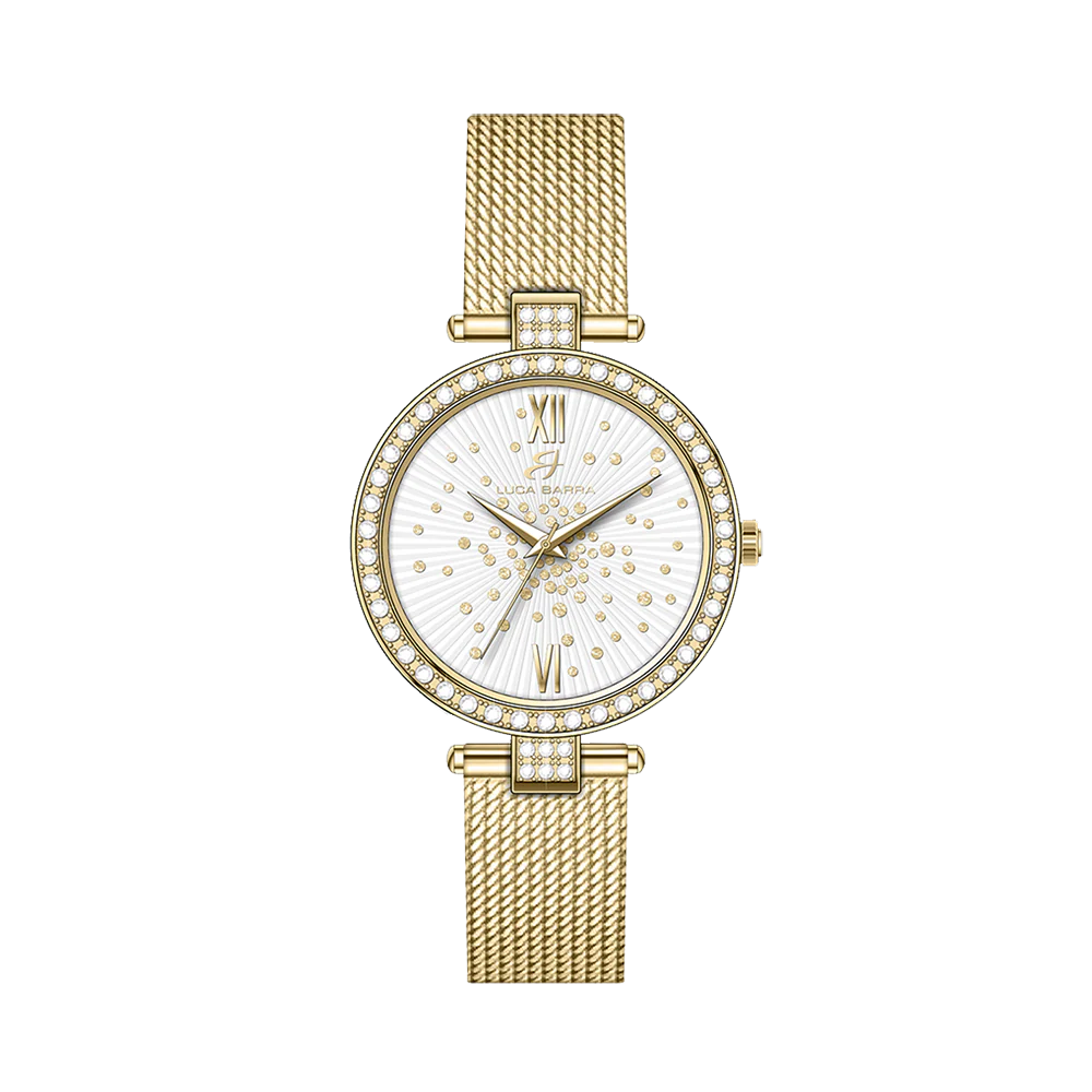 OROLOGIO DONNA IN ACCIAIO IP GOLD QUADRANTE BIANCO GHIERA CON CRISTALLI BIANCHI