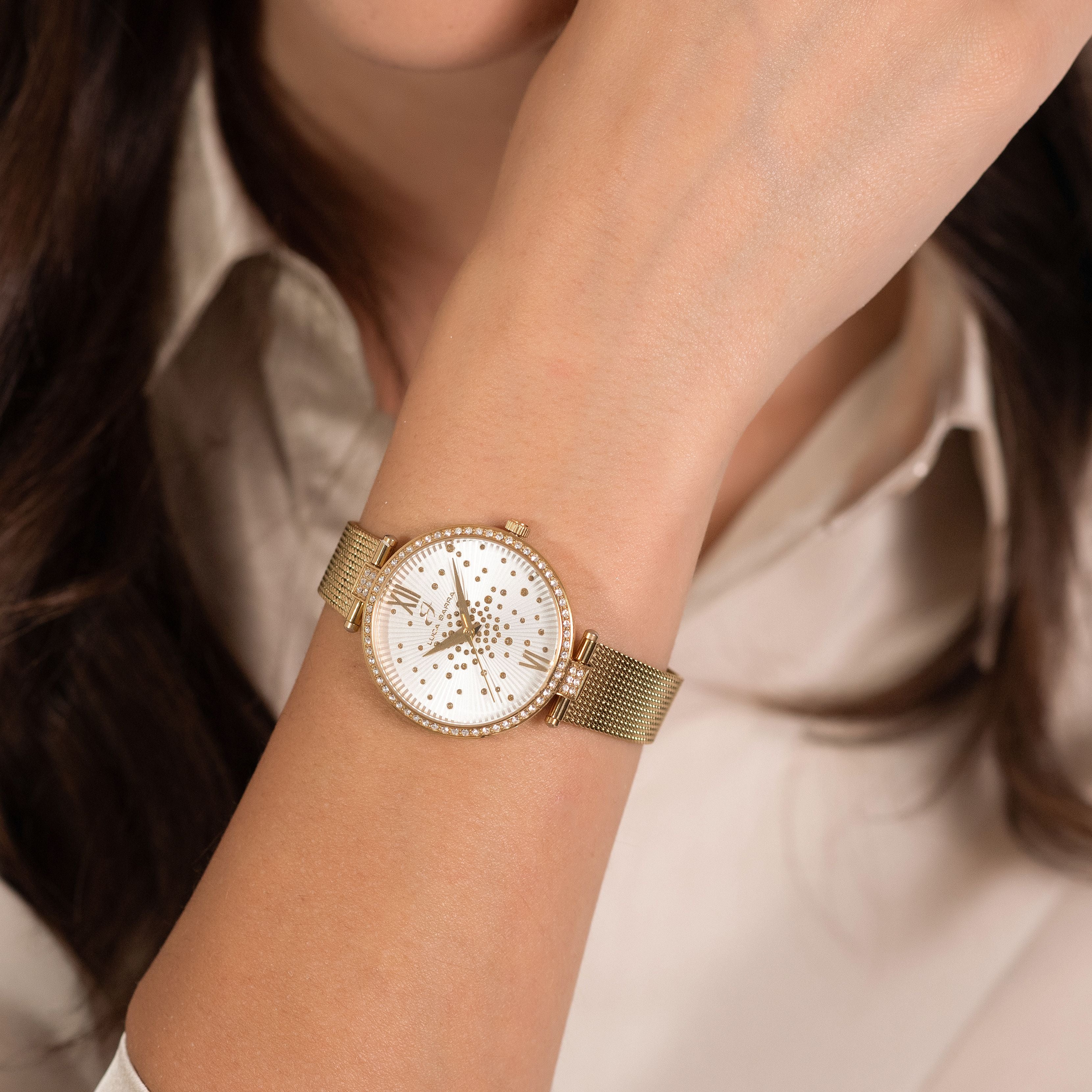 OROLOGIO DONNA IN ACCIAIO IP GOLD QUADRANTE BIANCO GHIERA CON CRISTALLI BIANCHI - Image 2