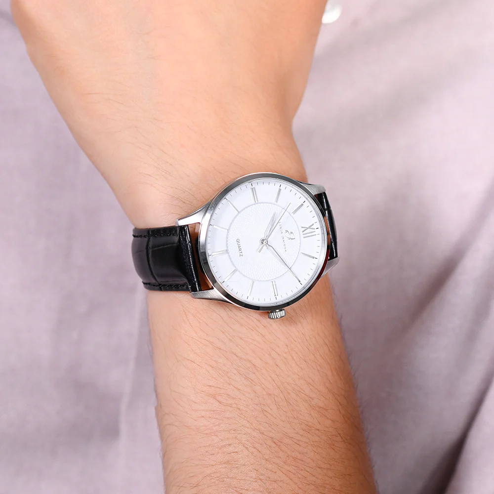 OROLOGIO UOMO IN ACCIAIO CINTURINO PELLE NERA E QUADRANTE BIANCO - Image 2