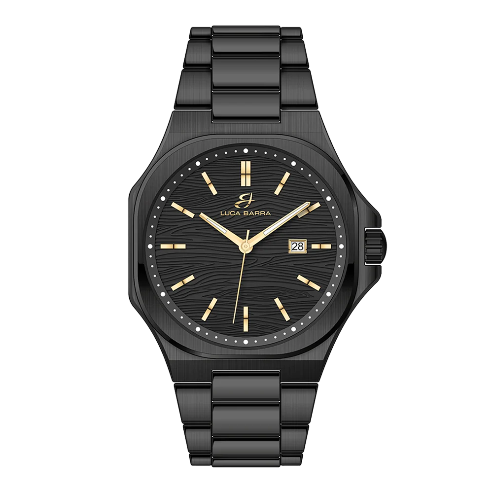 OROLOGIO UOMO IN ACCIAIO IP NERO QUADRANTE NERO, DETTAGLI IP GOLD
