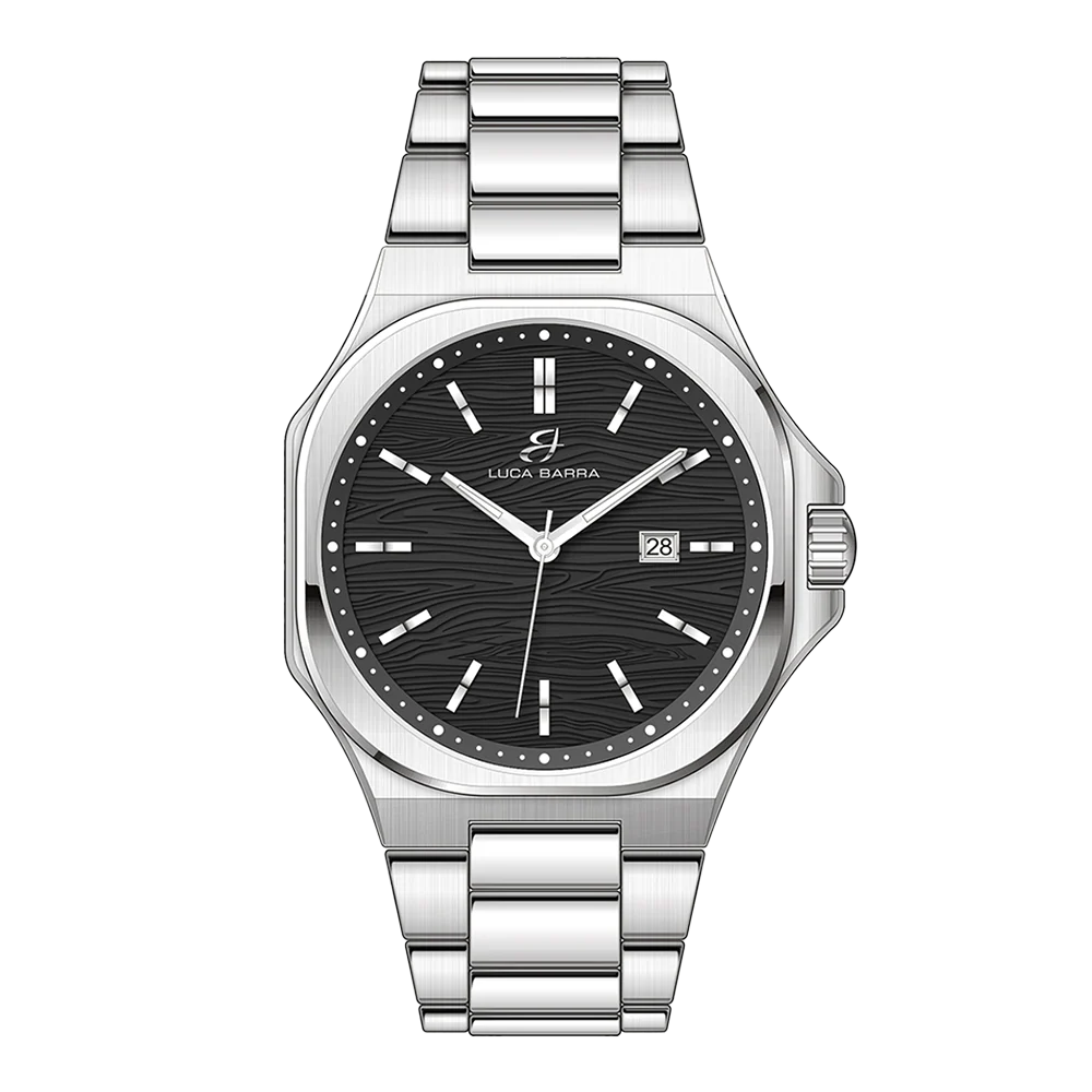 OROLOGIO UOMO IN ACCIAIO QUADRANTE NERO, DETTAGLI SILVER