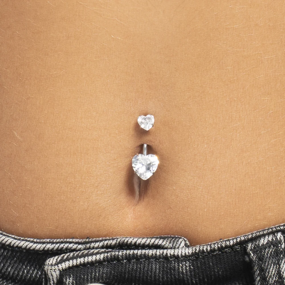 PIERCING OMBELICO DONNA IN ACCIAIO CON ZIRCONI BIANCHI TAGLIO CUORE - Image 2