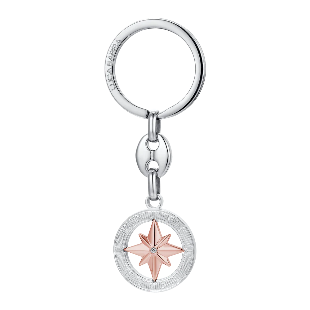 PORTACHIAVI UOMO IN ACCIAIO CON ROSA DEI VENTI IP ROSE